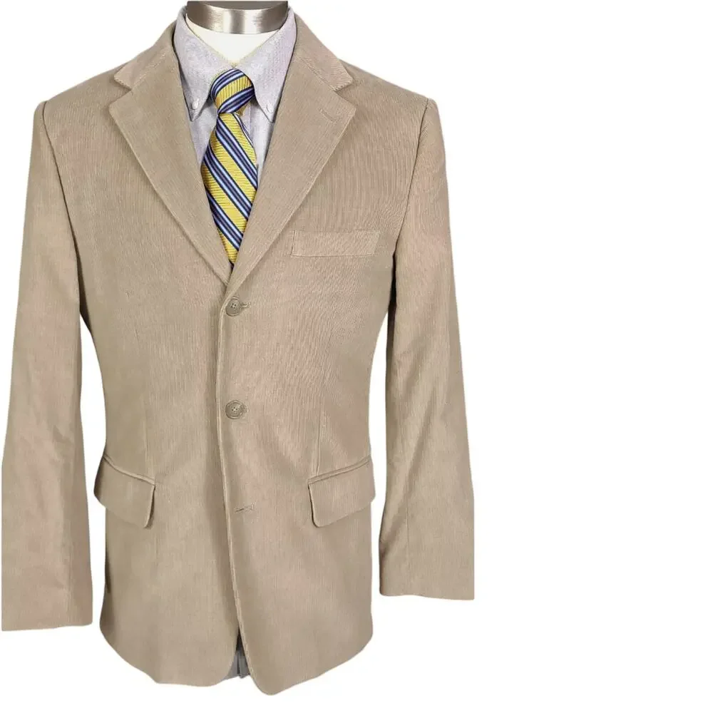 TASSO ELBA Sport Suit Coat Blazer Mens Tan Corduroy Three Button Cotton LARGE